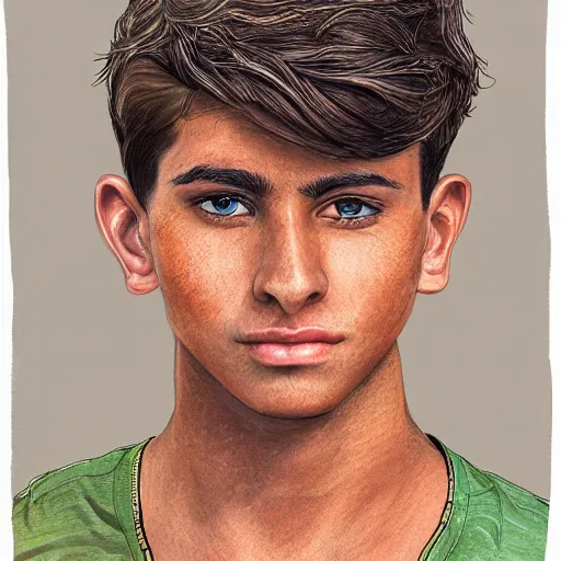 Prompt: incredibly detailed illustration of a suntanned american 18 year old male with brown hair in Kurdistan, award winning art, intricate, beautiful