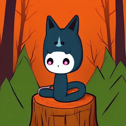 Prompt: mae from night in the woods, sitting on a tree stump in the forest at night, looking up, thinking