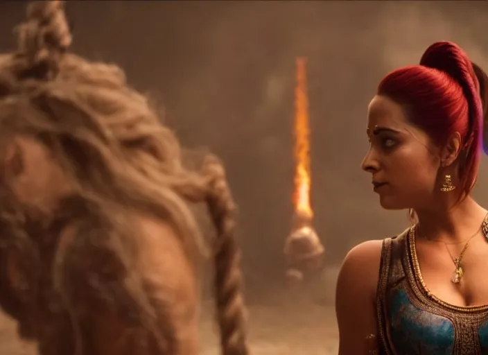 Image similar to film still of real life leela with ponytail in the new scifi movie, 4 k