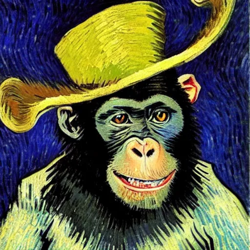 Prompt: van gogh painting of a baby chimpanzee wearing a top hat, 4 k, hyper realistic, dslr, high resolution, landscape, beautiful