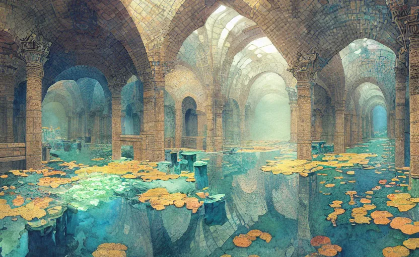 Image similar to tiled room squared waterway, aqueducts, fantasy. intricate, amazing composition, colorful watercolor, by ruan jia, by maxfield parrish, by marc simonetti, by hikari shimoda, by robert hubert, by zhang kechun, illustration, gloomy