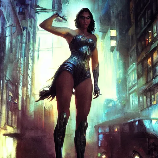 Image similar to gal gadot, hyperrealistic full figure, bladerunner street alley, art of elysium by frank frazetta and by jeremy mann and by alphonse mucha, fantasy art, photo realistic, dynamic lighting, artstation, full figure poster, volumetric lighting, very detailed face, 4 k, award winning