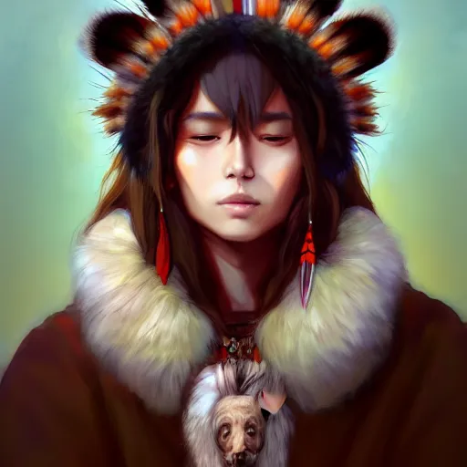 Prompt: anime portrait of a American native shaman wearing a bear fur by Stanley Artgerm Lau, WLOP, Rossdraws, James Jean, Andrei Riabovitchev, Marc Simonetti, and Sakimichan, trending on artstation