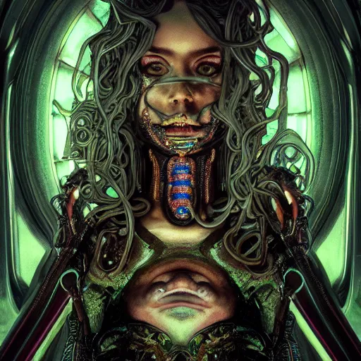 Image similar to Cyberpunk medusa, dark atmosphere, cinematic shot, intricate, ornate, photorealistic, ultra detailed, realistic, 35mm, photography, neon, octane, high definition, depth of field, bokeh, 8k, artstation, (alphonse mucha), (hr giger)