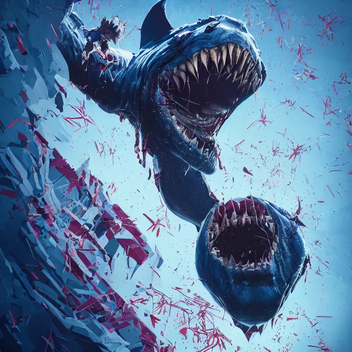 Image similar to portrait of joe biden as a king shark in suicide squad. intricate abstract. intricate artwork. by tooth wu, wlop, beeple, dan mumford. octane render, trending on artstation, greg rutkowski very coherent symmetrical artwork. cinematic, hyper realism, high detail, octane render, 8 k, iridescent accents