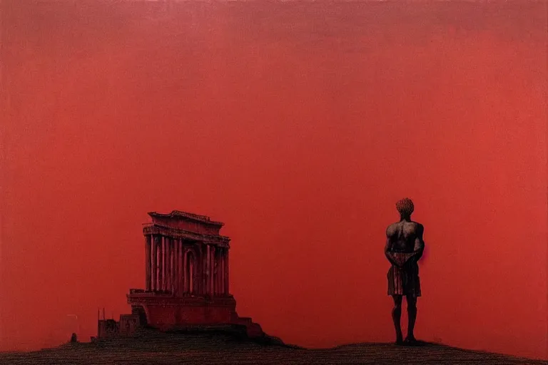 Image similar to only with red, caesar after war, the great deal, a red tiger, in hoc signo vinces, rome in background, an ancient path, in the style of beksinski, part by hopper, part by rodcenko, part by hofbauer, intricate composition, red by caravaggio, insanely quality, highly detailed, masterpiece, red light, artstation