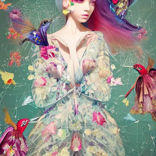 Image similar to 3 / 4 view of a beautiful girl wearing an origami dress, eye - level medium shot, fine floral ornaments in cloth and hair, hummingbirds, elegant, by eiko ishioka, givenchy, lisa frank, by peter mohrbacher, centered, fresh colors, origami, fashion, detailed illustration, vogue, high depth of field, japanese, reallusion character creator