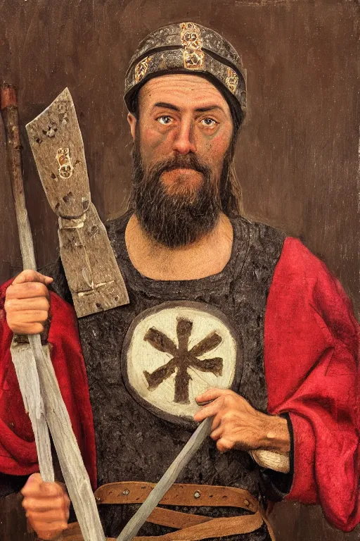 Image similar to Slavic dog head man, woolen torso in medieval clothes, holding axe, Orthodox Saint Christopher, oil painting, hyperrealism, beautiful, high resolution, trending on artstation,