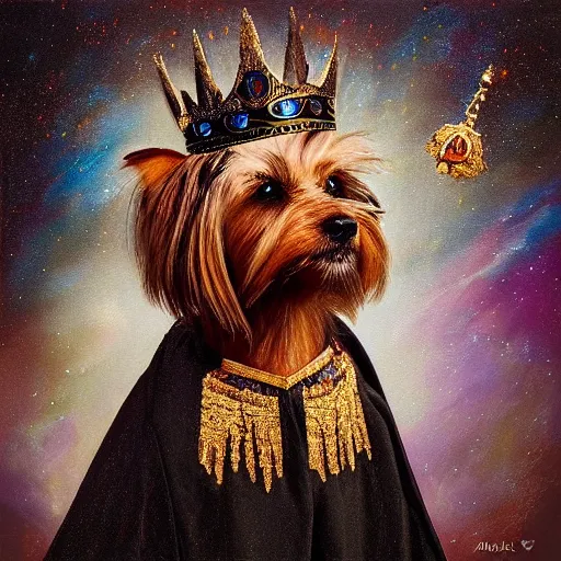 Image similar to “an oil painting portrait of a Yorky dog wearing medieval royal robe and an ornate crown on a dark nebula background” digital Art, concept Art, highly detailed, 3-D 4K, trending on art station, Award winning, Mark Brooks,