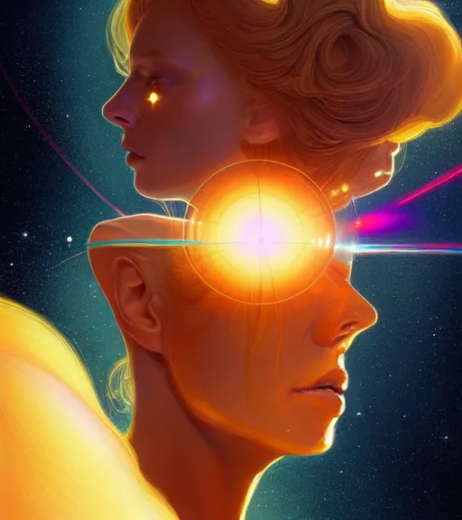 Prompt: a golden woman 2/3 figurative portrait, in space, head breaking apart and spiraling geometry into the sky upwards into another dimension, lazer light beaming down to top of her head, by james jean, artgerm, featured in artstation, elegant, Moebius, Greg rutkowski, anime