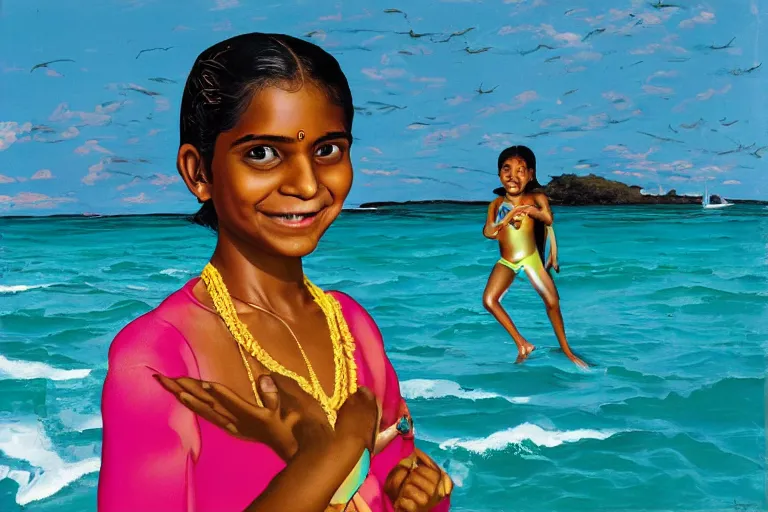 Image similar to a happy sri lankan girl in swinsuit at the beach with iridescent skin by kehinde wiley