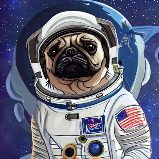 Image similar to hyper realistic, highly detailed, astronaut pug in space.