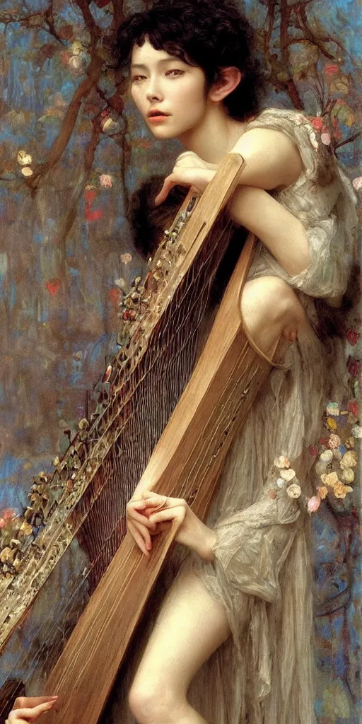 Image similar to masterpiece of a shy delicate elf bard, playing on a harp, followed by a shadow, beautiful face and flawless skin, perfect hands by Edgar Maxence and Ross Tran and Michael Whelan