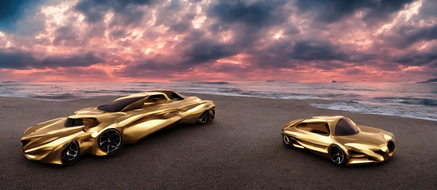 Prompt: futuristic golden luxury car from the year 2052, white tires with intricate rims, professional studio photography, dramatic lighting, clouds, colorful red sunset, on the beach, blue water