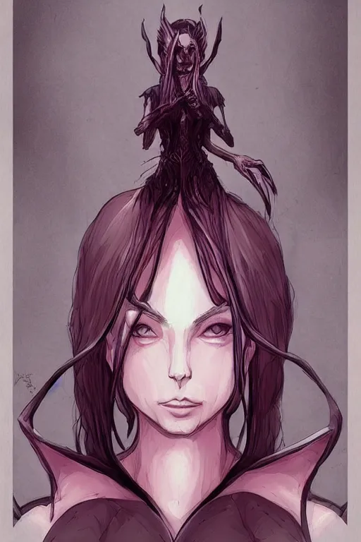 Image similar to concept art painting of a demonic evil elegant beautiful elf queen, moody vibe, moody lighting, artgerm, moebius, inio asano, toon shading, cel shading, calm, tranquil, vaporwave colors,