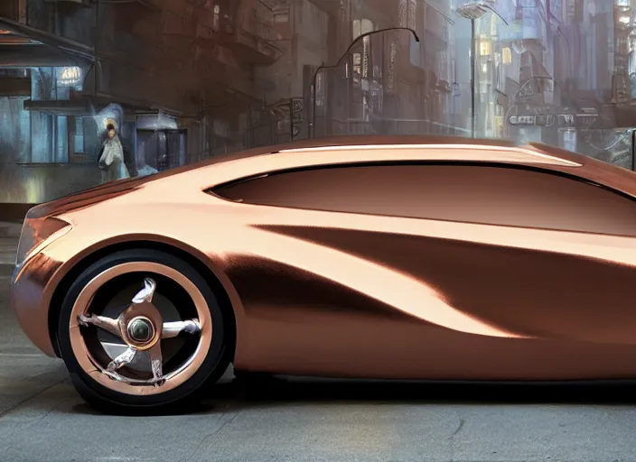 Image similar to copper color paint car designed by dmc and gmc, concept art style by john berky and liam wong and michael whelan.