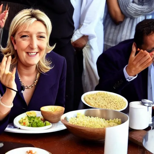 marine lepen eating couscous with arabic people