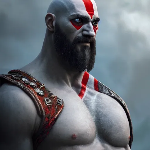 Image similar to portrait of kratos, intricate artwork, concept art, octane render, deviantart, cinematic, key art, hyperrealism, iridescent accents, portrait photograph, nikon 3 5 mm, photograph by greg rutkowski