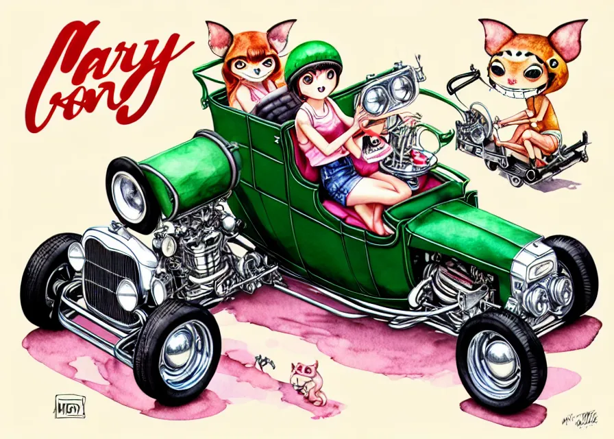 Image similar to cute and funny, margay riding in a tiny 1 9 2 3 ford t - bucket with oversized engine, ratfink style by ed roth, centered award winning watercolor pen illustration, isometric illustration by chihiro iwasaki, edited by range murata, tiny details by artgerm and watercolor girl, symmetrically isometrically centered