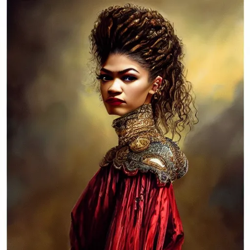 Prompt: painted portrait of zendaya wearing baroque clothing, profile view, extremely detailed, anatomically correct, hd, 8k, high quality, high res