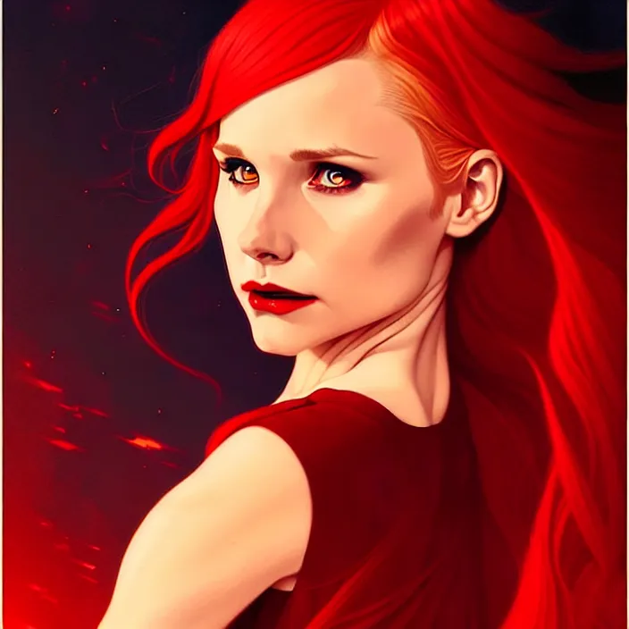 Image similar to style artgerm, joshua middleton, beautiful kristen bell with dark red dress, very long orange hair, symmetrical face, symmetrical eyes, fire powers fire swirling, detailed, volcano setting, cinematic lighting