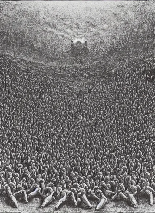 Image similar to a large amount of cultist followers gathered in front of a cult leader's stage, view from stage, in the style of beksinski