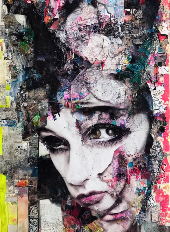 Prompt: intense female gaze looking straight at the viewer detailed mixed media collage, assemblage, contemporary art, punk art, single realistic face, photorealistic, expressionism, masterpiece, perfect composition, spectacular quality, intricate flowing paint