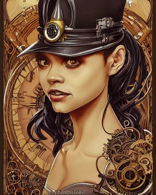 Image similar to a detailed portrait illustration of a steampunk wizard. attractive black asian female face, alluring expression. looks like christina ricci and winona ryder. art nouveau, pop art, comic book style. influenced by neil gaiman, h. p. lovecraft, dan mumford, brian froud, vadim voitekhovitch, killian eng, ross tran.