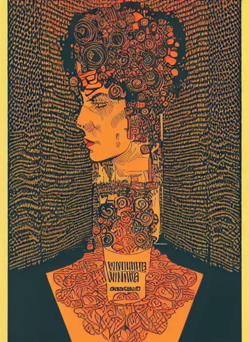 Prompt: A wandering mind, intrusive thoughts, screen print, art by Chuck Sperry, vintage 1960s print, minamilst