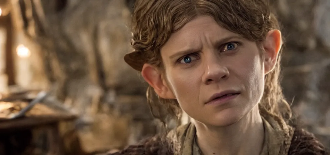 Prompt: a still of Claire Danes as Bilbo in The Hobbit (2012)