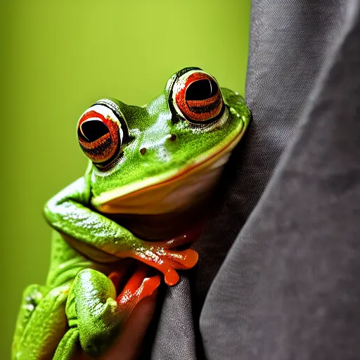 Image similar to a picture of a funny frog peeking out of a jacket pocket, 4K