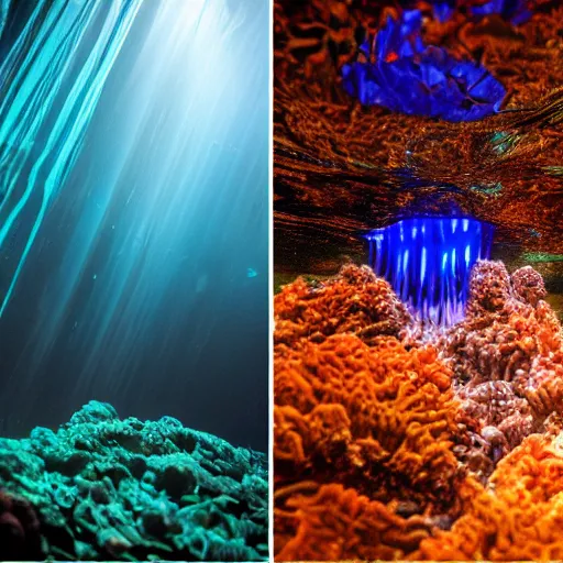 Image similar to bioluminiscence, award winning black and cyanphotography