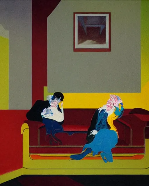 Image similar to old dead couple sitting on a couch and a dark figure crying in the corner with clouds at red and yellow art deco interior room in the style of Francis Bacon and Syd Mead, open ceiling, highly detailed, painted by Francis Bacon and Edward Hopper, painted by James Gilleard, surrealism, airbrush, very coherent, triadic color scheme, art by Takato Yamamoto and James Jean