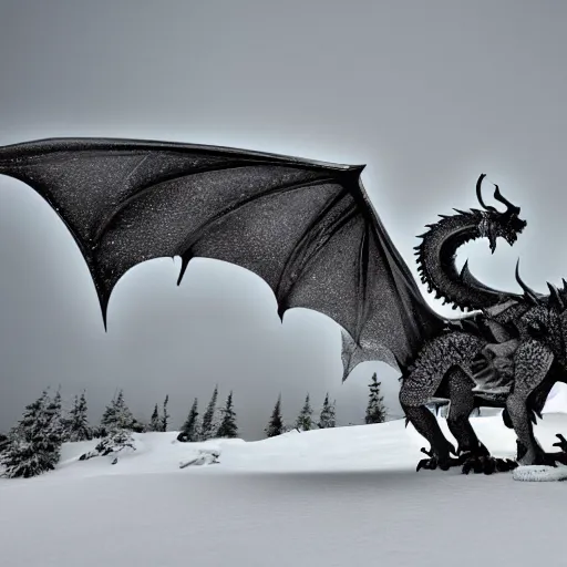 Prompt: a fearsome and beautiful western dragon sitting in the snow with a powerful stature, 8k, detailed, award winning