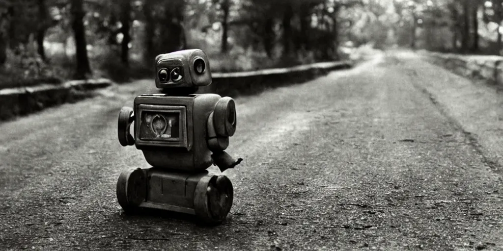 Prompt: small robot on forest road, 1930s photo, bokeh, backlit, long shot