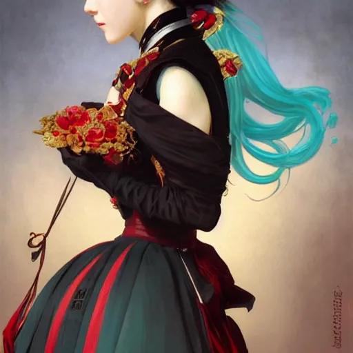 Image similar to a beautiful portrait of hatsune miku with long black and deep red colored hair dressed as a 1 9 th century european noblewoman, intricate, elegant, highly detailed, digital painting, artstation, concept art, matte, sharp focus, illustration, art by greg rutkowski and alphonse mucha