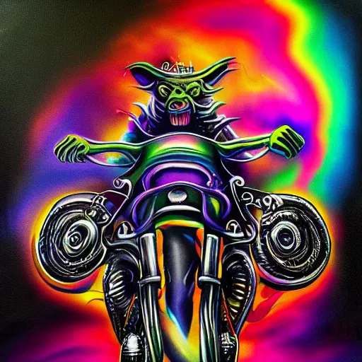 Image similar to psychedelic airbrush art of an orc riding a motorcycle, black background, stylized, radical 90s, soft edges, smooth gradients, airbrushed, grainy