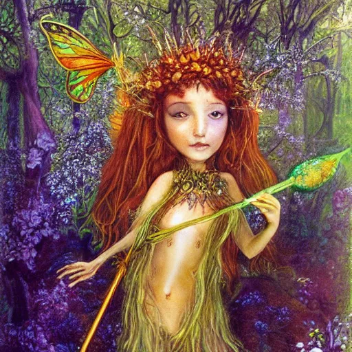 Prompt: fey queen of the summer forest, fine features, holding a golden scepter, thin, young, silver shimmering hair, butterflies, by brian froud, bright orange yellow green, colors reflecting on lake, oil on canvas, oil panting