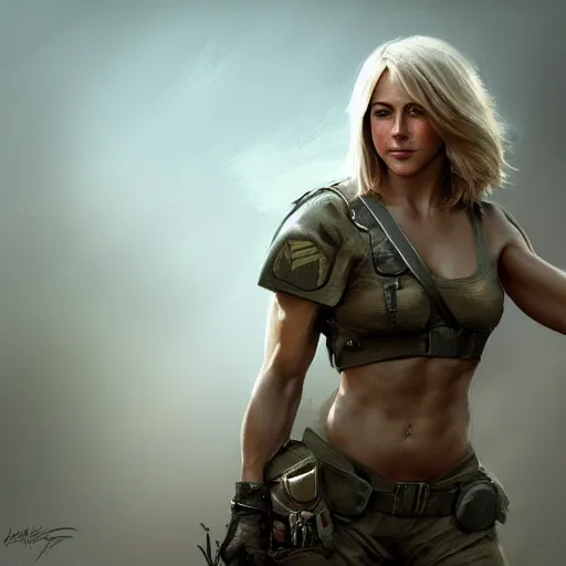 Prompt: julianne hough as a wounded warrior maiden by wlop and glen rutkowski, mate painting, concept art, artstation