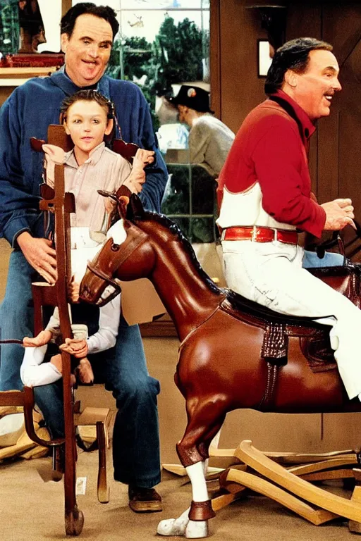 Image similar to a norman rockwell painting of norm macdonald sitting on children's rocking horse on the set of everybody loves raymond