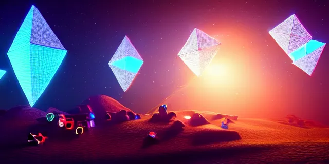 Prompt: a beautiful network of glowing cubes appears in the sky above a fantasy landscape, atmospheric lighting, intricate, volumetric lighting, beautiful, sharp focus, ultra detailed, in the art style of bowater charlie, brom gerald, astrophotography, rendered in cinema 4 d, quantum wavetracing, rendered in maya