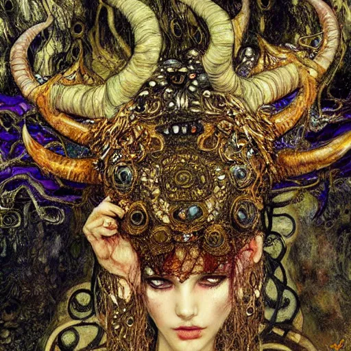 Image similar to horned demon, intricate detail, klimt, royo, whealan,