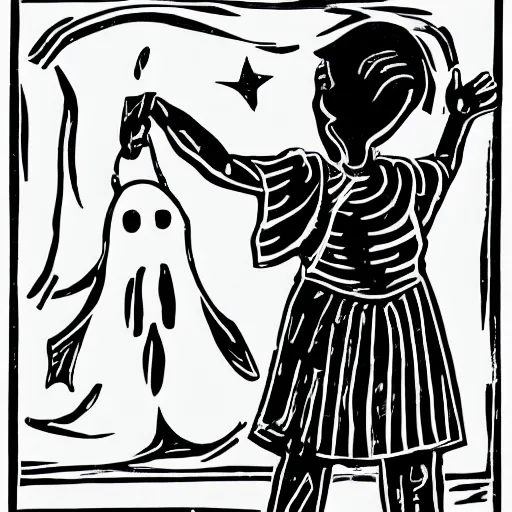 Image similar to linocut of a kid wearing a ghost costume