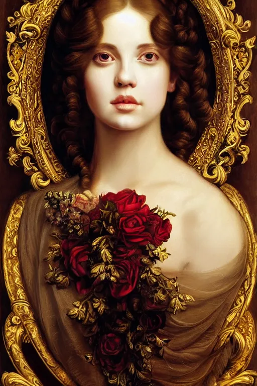 Prompt: hyper realistic painting portrait of the princess of roses, occult diagram, elaborate details, rococo, baroque, gothic, intrincate ornaments, gold decoration, caligraphy, occult art, illuminated manuscript, oil painting, art noveau, in the style of roberto ferri and gustav moreau