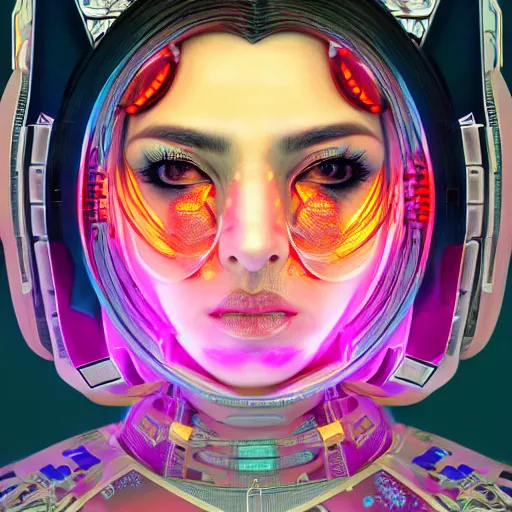 Prompt: centered symmetrical portrait of a persian cyberpunk cyborg japanese girl in kimono with glowing cybernetics, hyperdetailed, digital painting, trending on Artstation, cel-shading style, CG society, hyperdetailed, digital painting, hypermaximalist, golden ratio, volumetric, octane render, weta digital, micro details, 3d sculpture