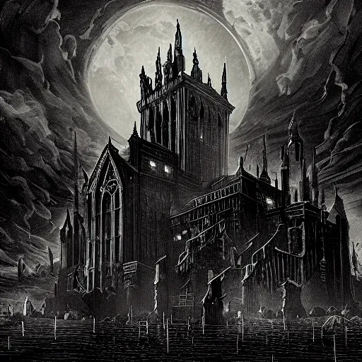 Image similar to a gothic horror lovecraftian cityscape in an eternally dark haunted world full of demons and ghosts