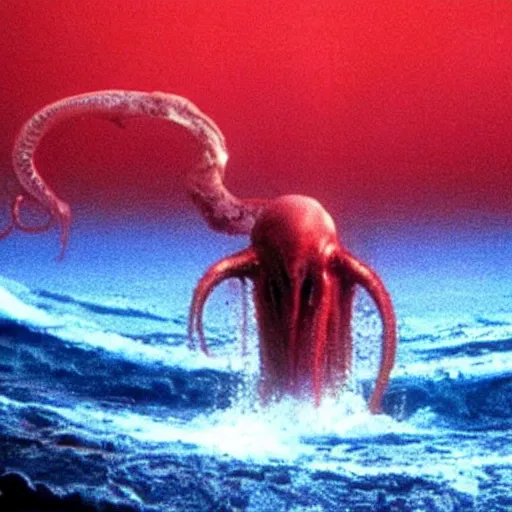 Image similar to the filmic anti - christ rising from a red ocean. ominous. vivid color detailed photograph from a 1 9 9 0 s horror movie. alien squid in the background.