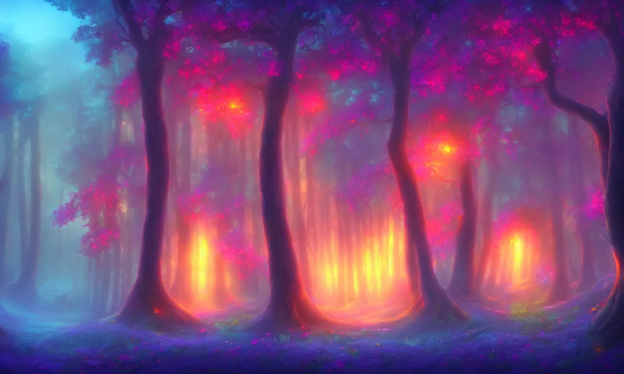 Image similar to enchanted magical forest on magical colorful fire , digital painting , digital art , artstation , devian art , 4k , HD