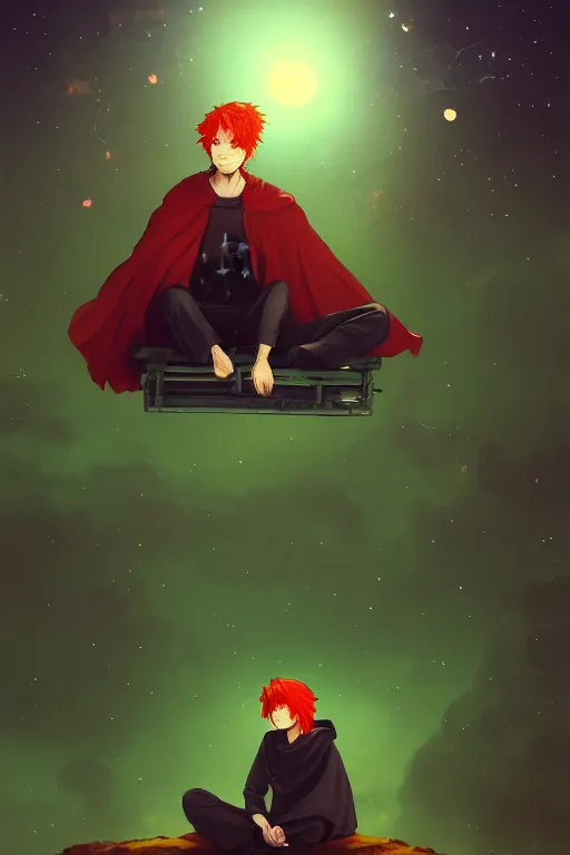 Image similar to dreamy red haired man character with a guitar in his hand, sitting on a roof top at night with many stars, wearing a nice green cloak, very artistic pose, background in blurred, perfect lighting. professional design. great composition, illustration, highly detailed, digital painting, concept art, trending on artstation, by katsuya terada