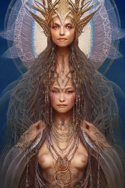 Image similar to a centered render of a single alluring mystical tribal goddess adorned with feathers and gemstones and cables and synthesizer parts is surrounded by sacred geometry made from elven architecture, full body, gorgeous, perfect face, powerful, cinematic, beautifully lit, by artgerm, by karol bak, 3 d, trending on artstation, octane render, 8 k